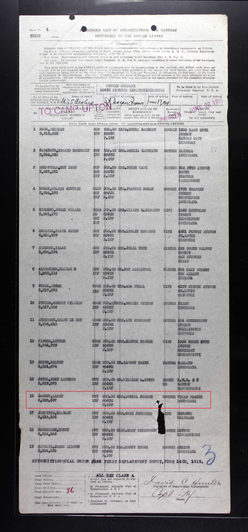 US Army Transport Service Passenger Lists, 1910-1939 for Alcin Jasson _June 1919 return